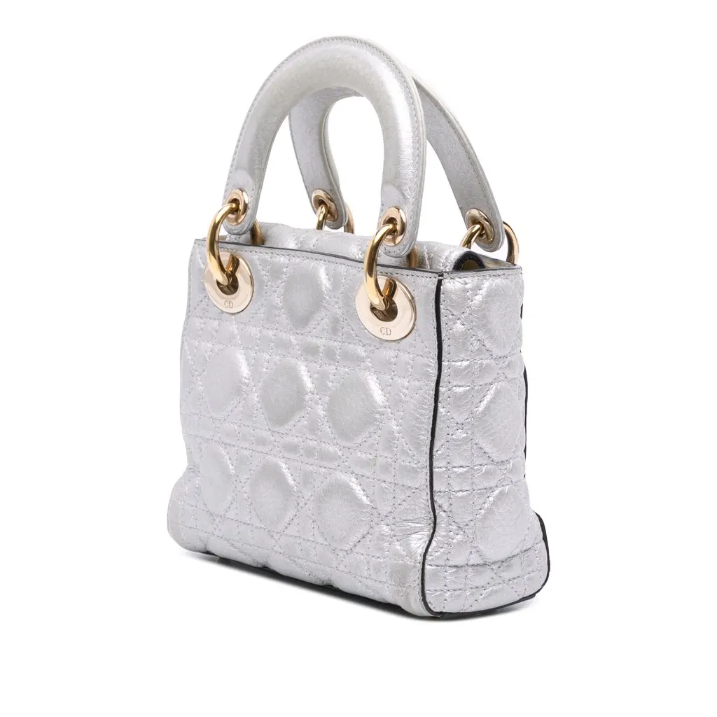 Dior Mini Metallic Grained Calfskin Cannage Lady Dior Silver Leather Very good - Back View
