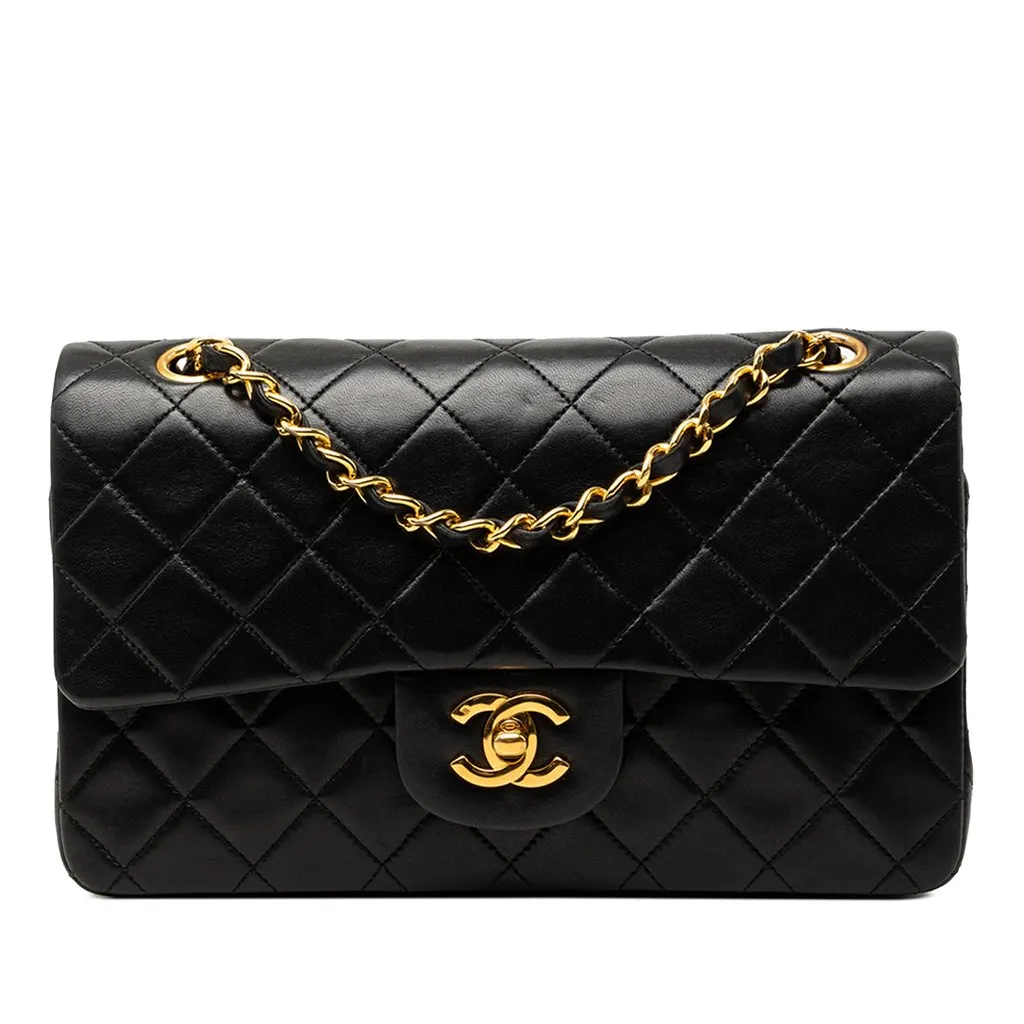 Chanel Small Classic Lambskin Double Flap Black Leather Very good - Front View