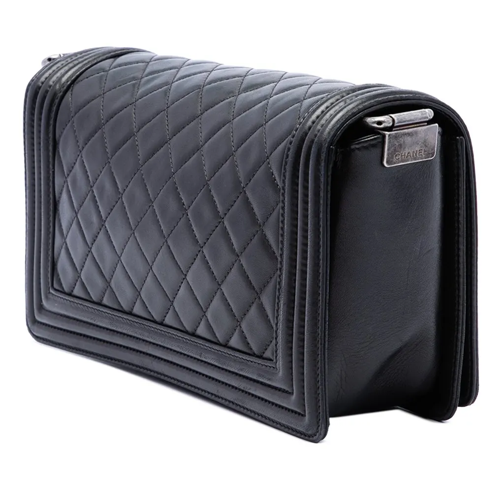 Chanel Old Medium Quilted Lambskin Boy Flap Black Leather Good - Back View
