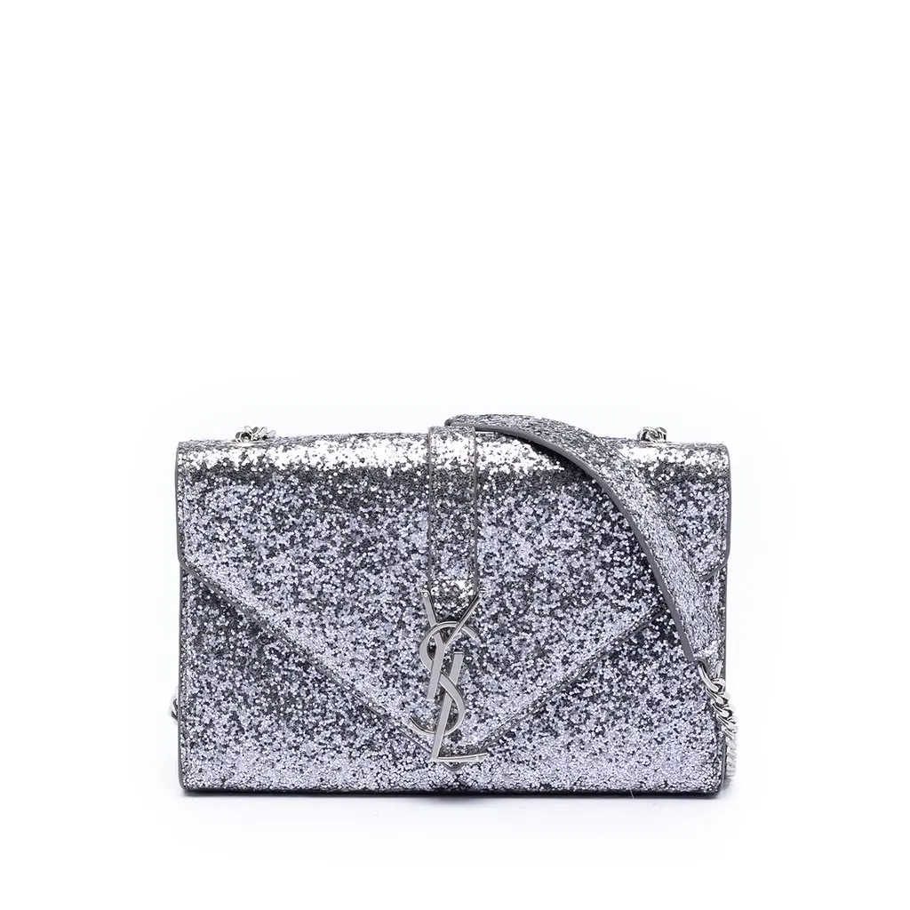 Saint Laurent Glitter Galactica Leather Monogram Envelope Chain Wallet Silver Leather Very good - Front View