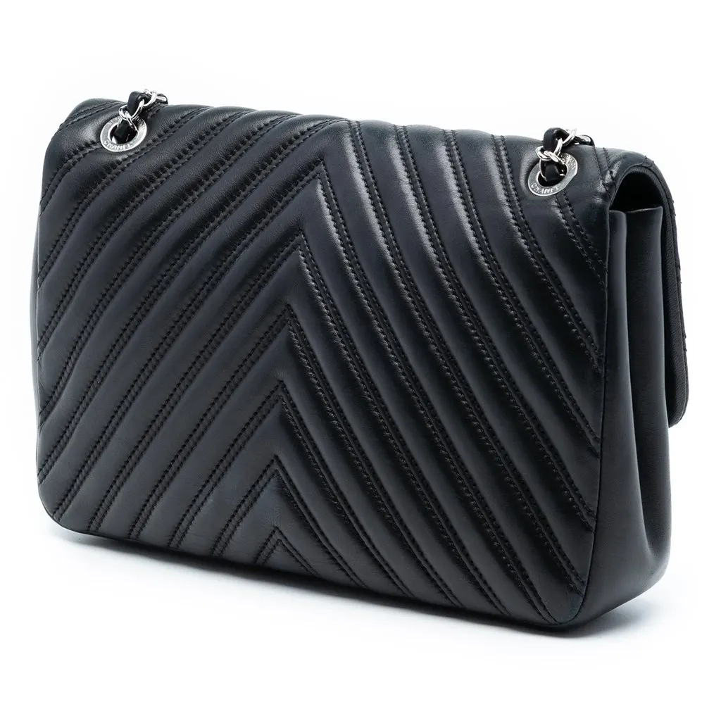 Chanel Jumbo Classic Chevron Lambskin Double Stitch Single Flap Black Leather Very good - Back View