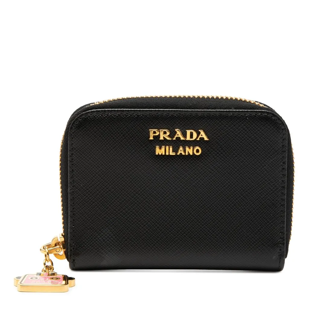 Prada Saffiano Zip Around Coin Pouch Black Leather Very good - Front View