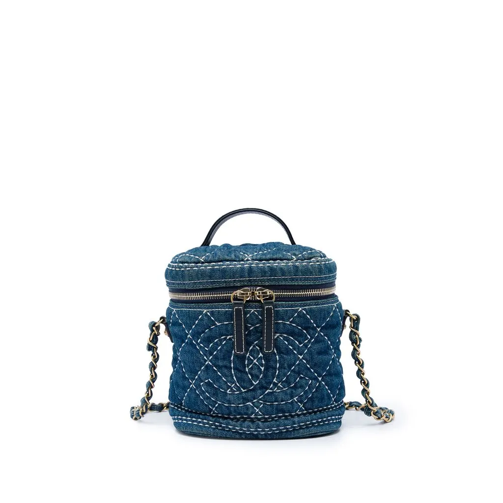 Chanel CC Quilted Denim Trip Vanity Case with Chain Blue Very good - Front View