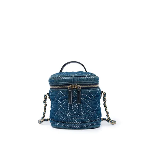 Chanel CC Quilted Denim Trip Vanity Case with Chain