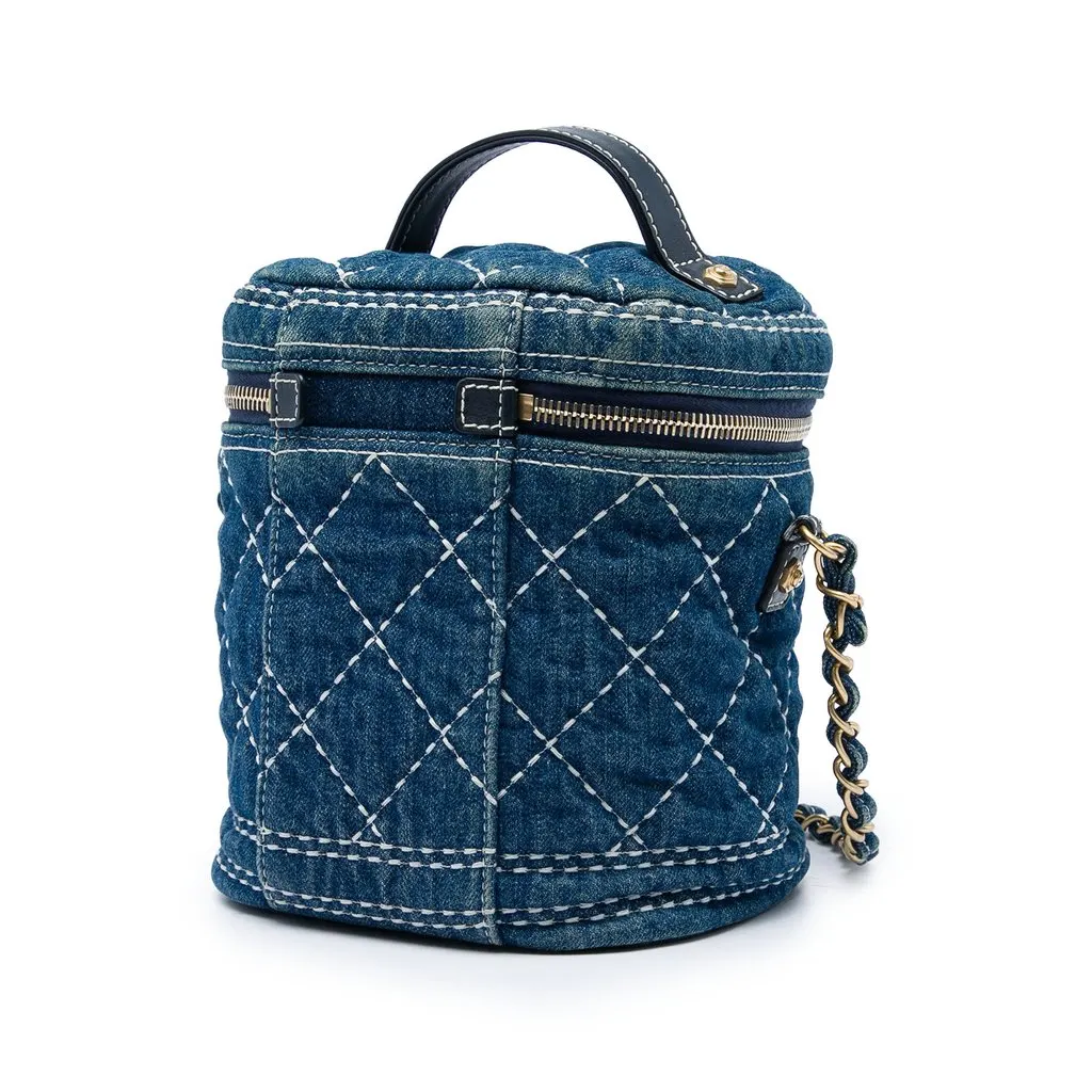 Chanel CC Quilted Denim Trip Vanity Case with Chain Blue Very good - Back View
