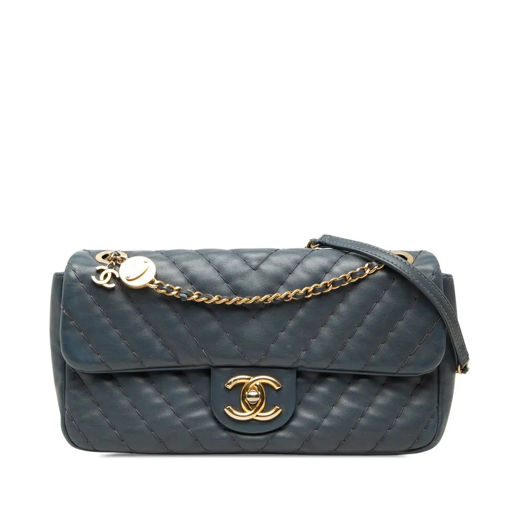 Chanel Medium Chevron Calfskin Medallion Single Flap Blue Leather Good - Front View