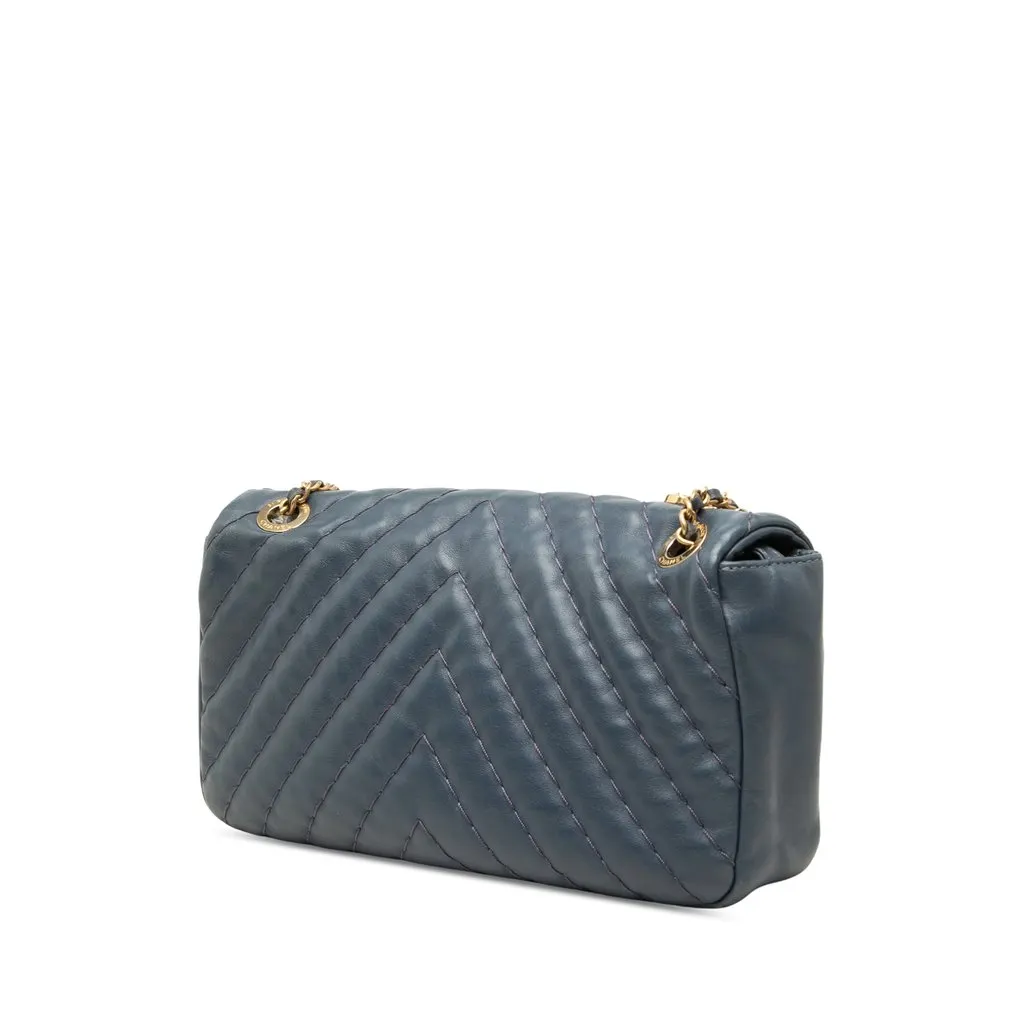 Chanel Medium Chevron Calfskin Medallion Single Flap Blue Leather Good - Back View