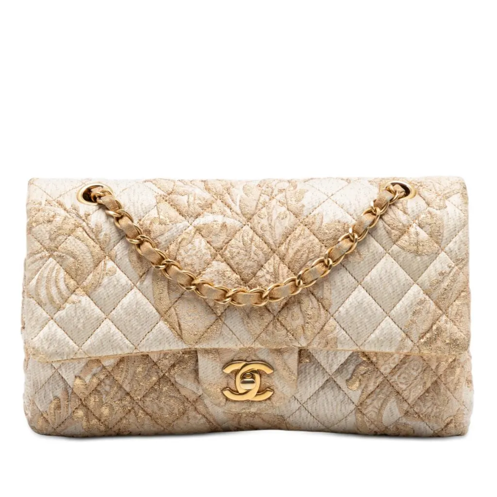 Chanel Medium Classic Embroidered Canvas Double Flap Beige Very good - Front View