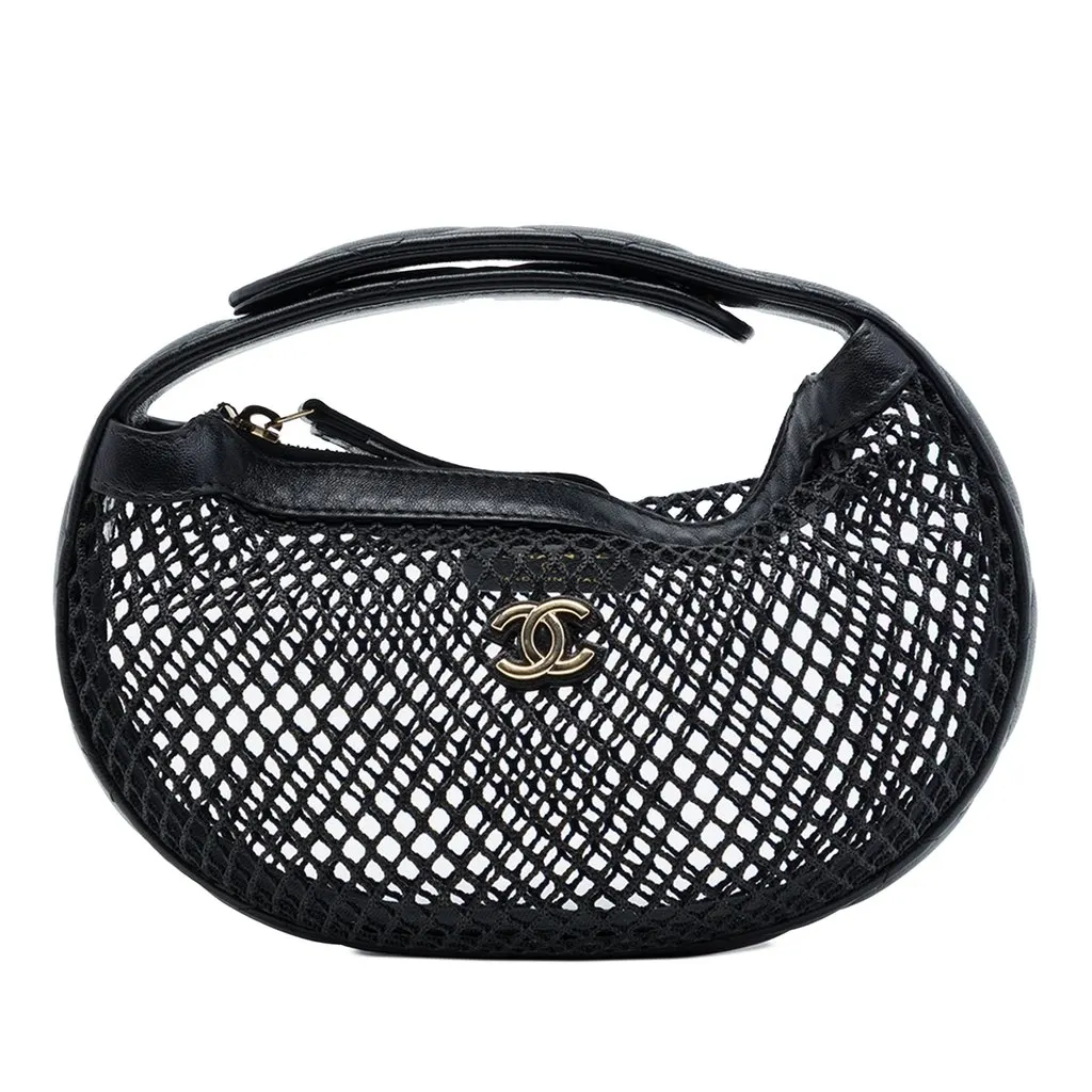 Chanel Mini CC Mesh and Quilted Lambskin Hobo Pouch Black Good - Front View