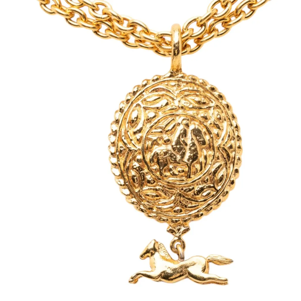 Chanel Gold Plated Double Chain Horse Medallion Pendant Necklace Gold Metal Very good - Back View