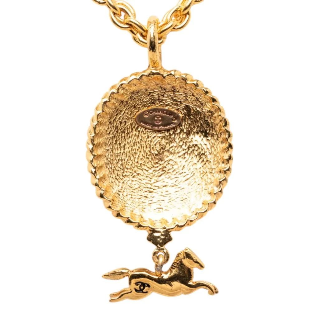 Chanel Gold Plated Double Chain Horse Medallion Pendant Necklace Gold Metal Very good - Inside View