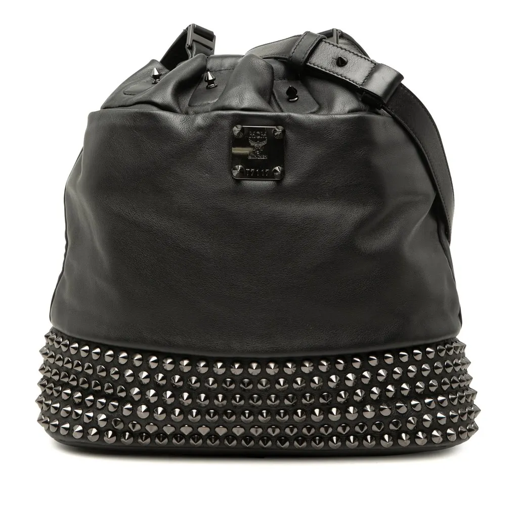 MCM Studded Leather Drawstring Bucket Bag Black Leather Very good - Front View