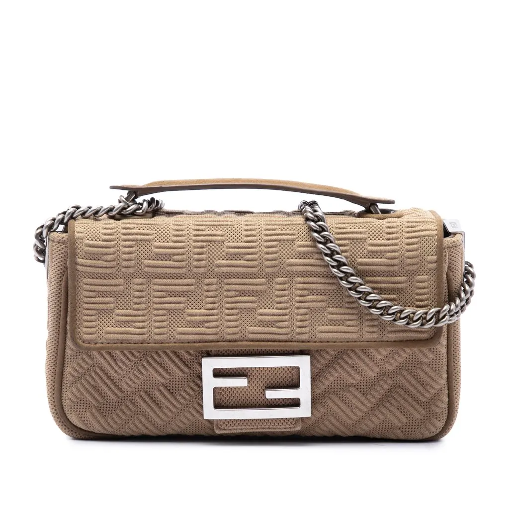 Fendi Zucca Embossed Technical Fabric Chain Midi Baguette Beige Polyamide Very good - Front View