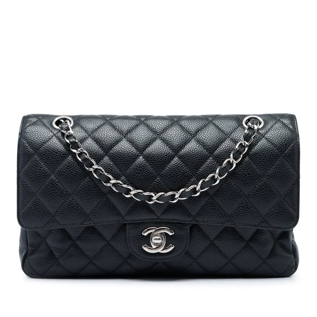 Chanel Medium Classic Caviar Double Flap Black Leather Very good - Front View
