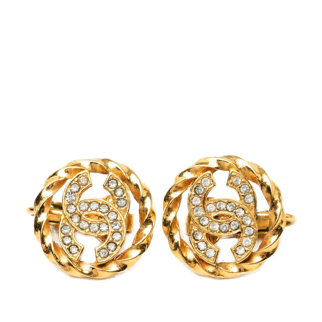 Chanel CC Gold Plated Strass Clip On Earrings Gold Metal Very good - Front View