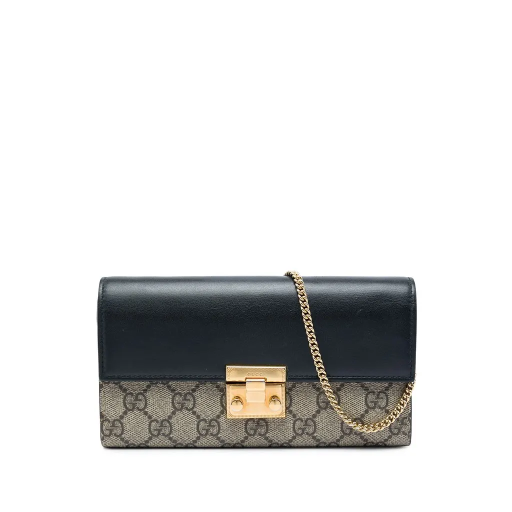 Gucci GG Supreme Padlock Wallet On Chain Beige Canvas Good - Front View