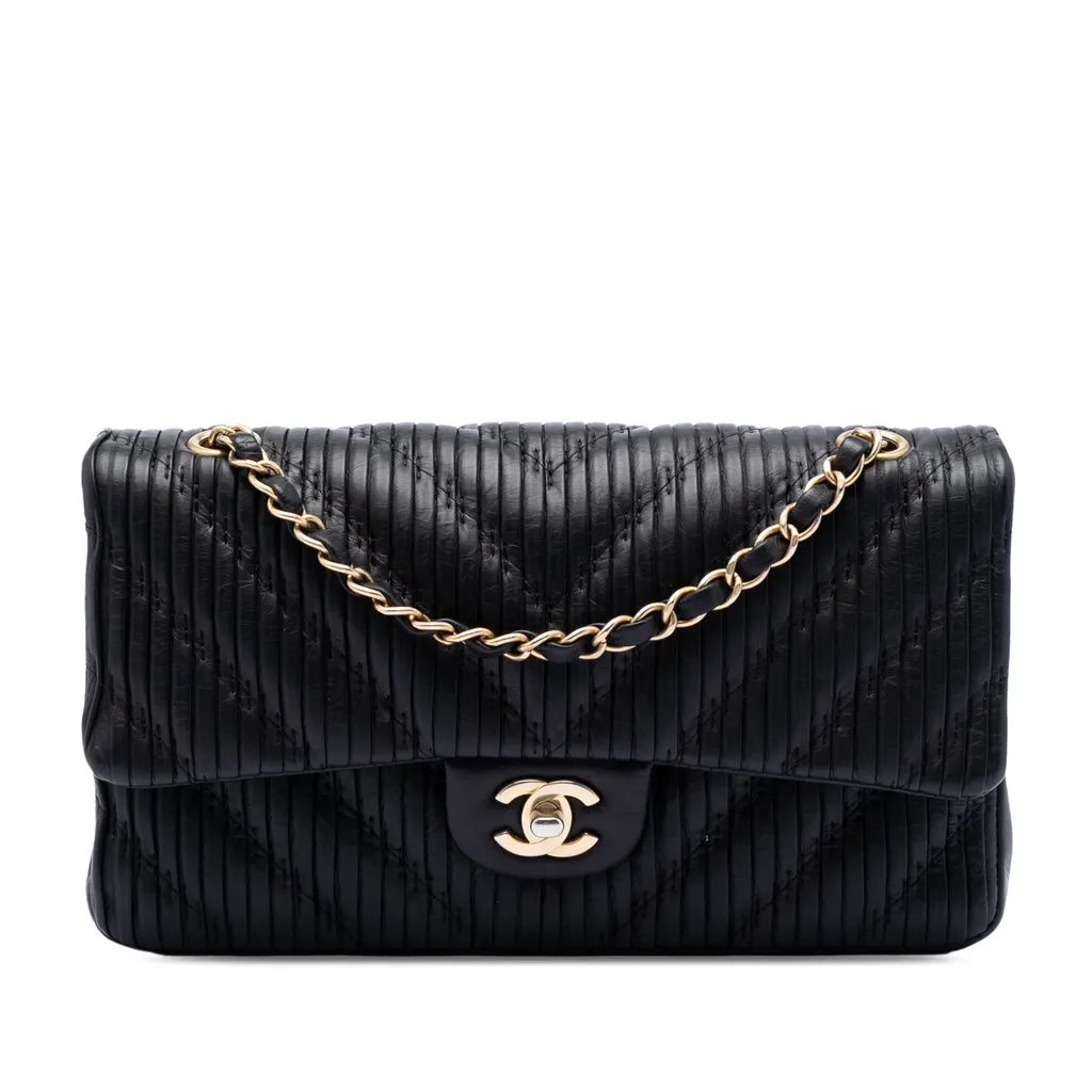 Chanel Medium Classic Chevron Calfskin Pleated Double Flap Black Leather Very good - Front View
