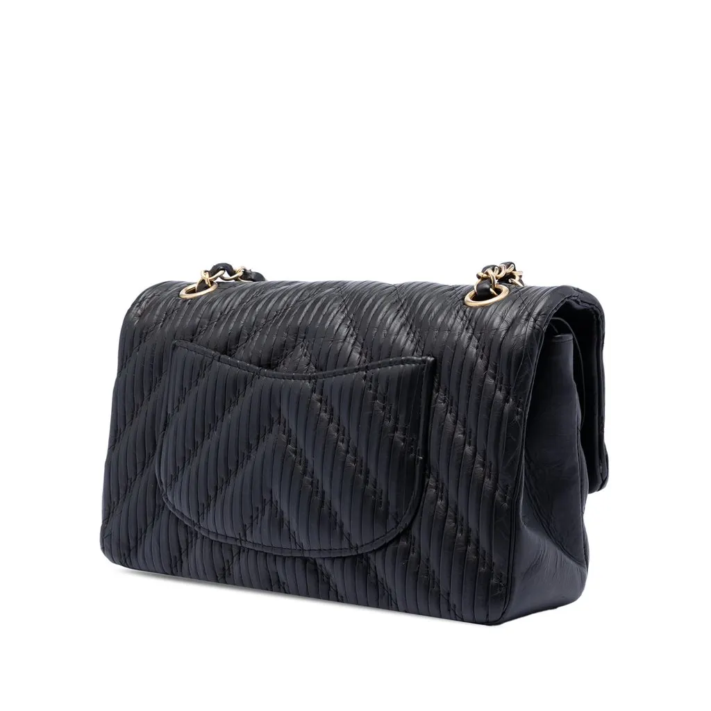 Chanel Medium Classic Chevron Calfskin Pleated Double Flap Black Leather Very good - Back View