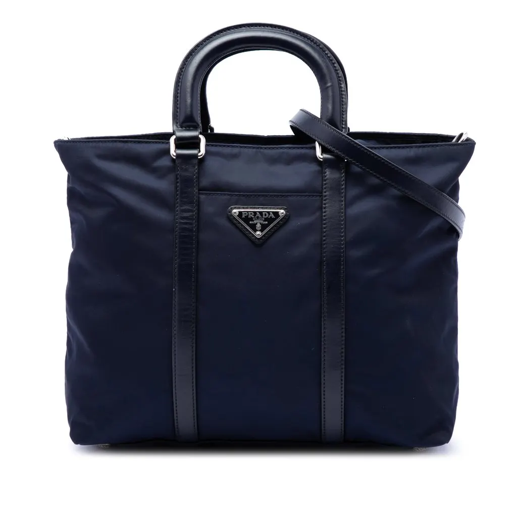 Prada Vitello Trimmed Tessuto Satchel Blue Polyamide Good - Front View