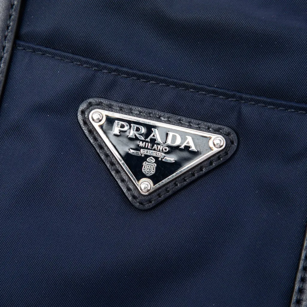 Prada Vitello Trimmed Tessuto Satchel Blue Polyamide Good - Box View