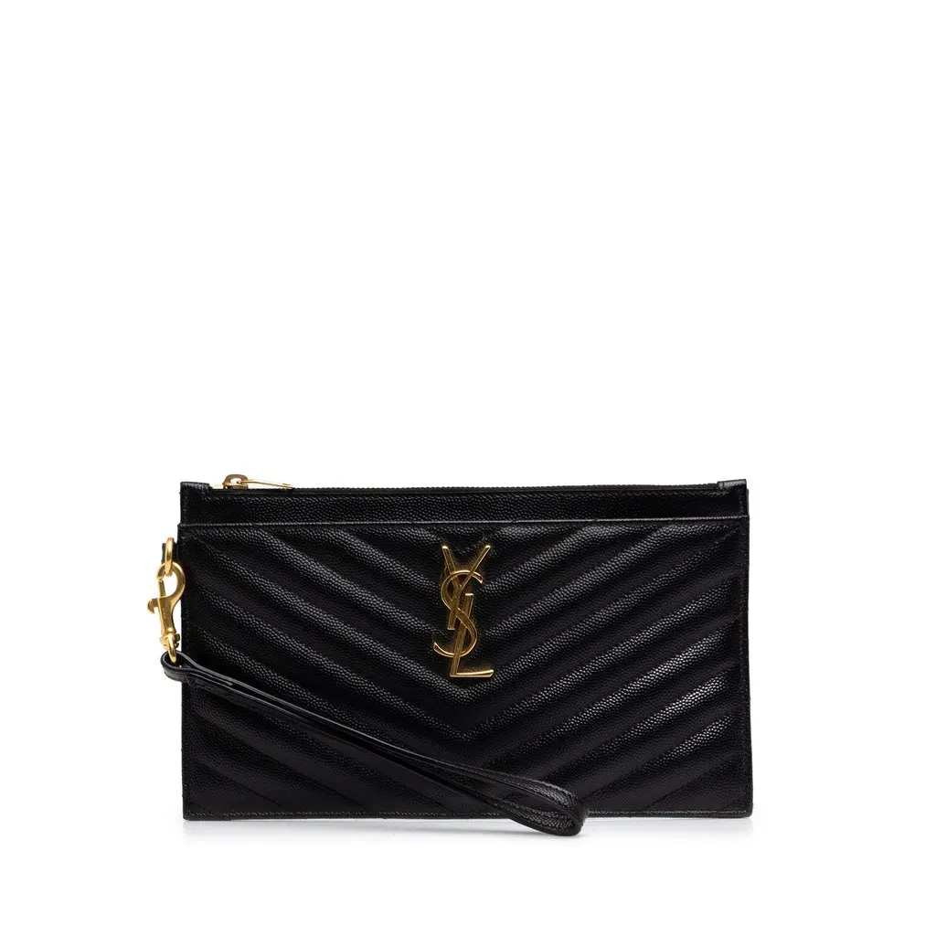 Saint Laurent Grain De Poudre Chevron Monogram Bill Pouch Black Leather Good - Front View