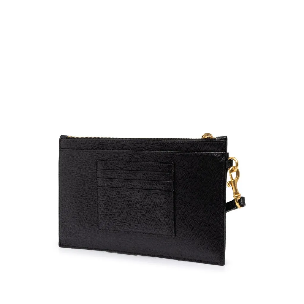 Saint Laurent Grain De Poudre Chevron Monogram Bill Pouch Black Leather Good - Back View