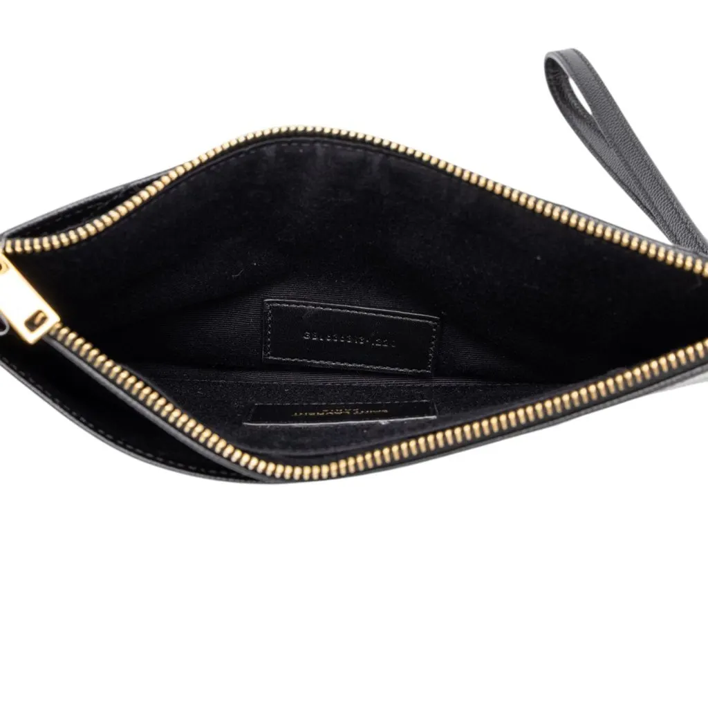 Saint Laurent Grain De Poudre Chevron Monogram Bill Pouch Black Leather Good - Model View