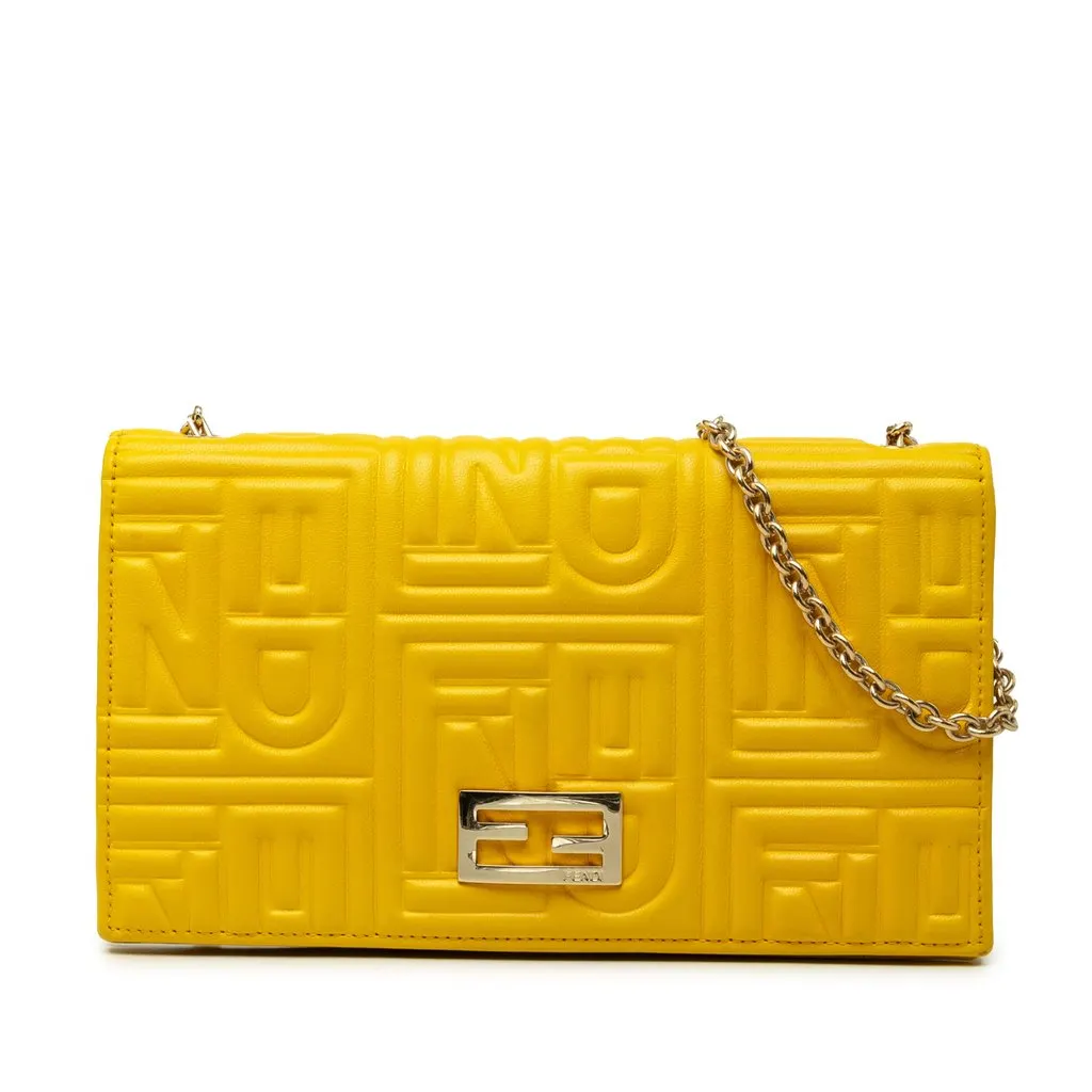 Fendi Embossed Nappa Logo Chain Clutch Yellow Leather Very good - Front View