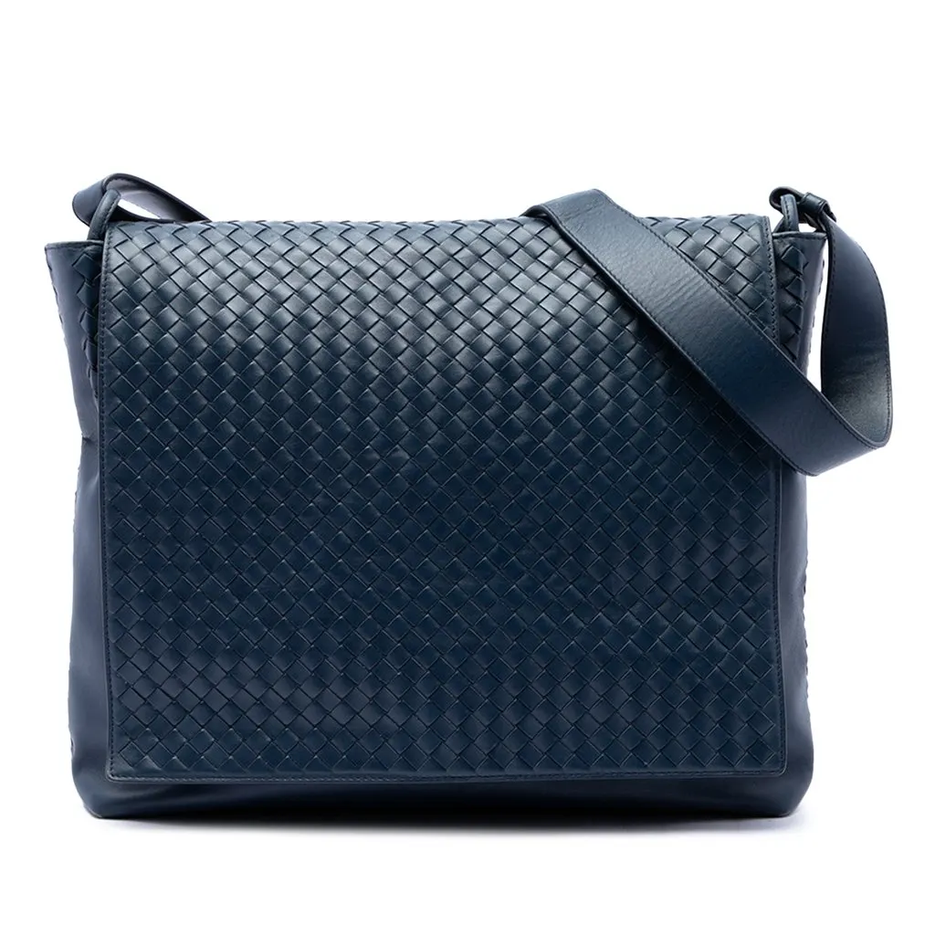 Bottega Veneta Nappa Intrecciato Flap Crossbody Blue Leather Very good - Front View