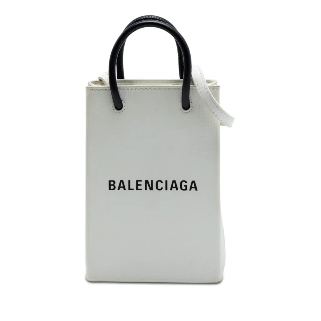 Balenciaga Mini Calfskin Logo Shopping Phone Holder White Leather Very good - Front View