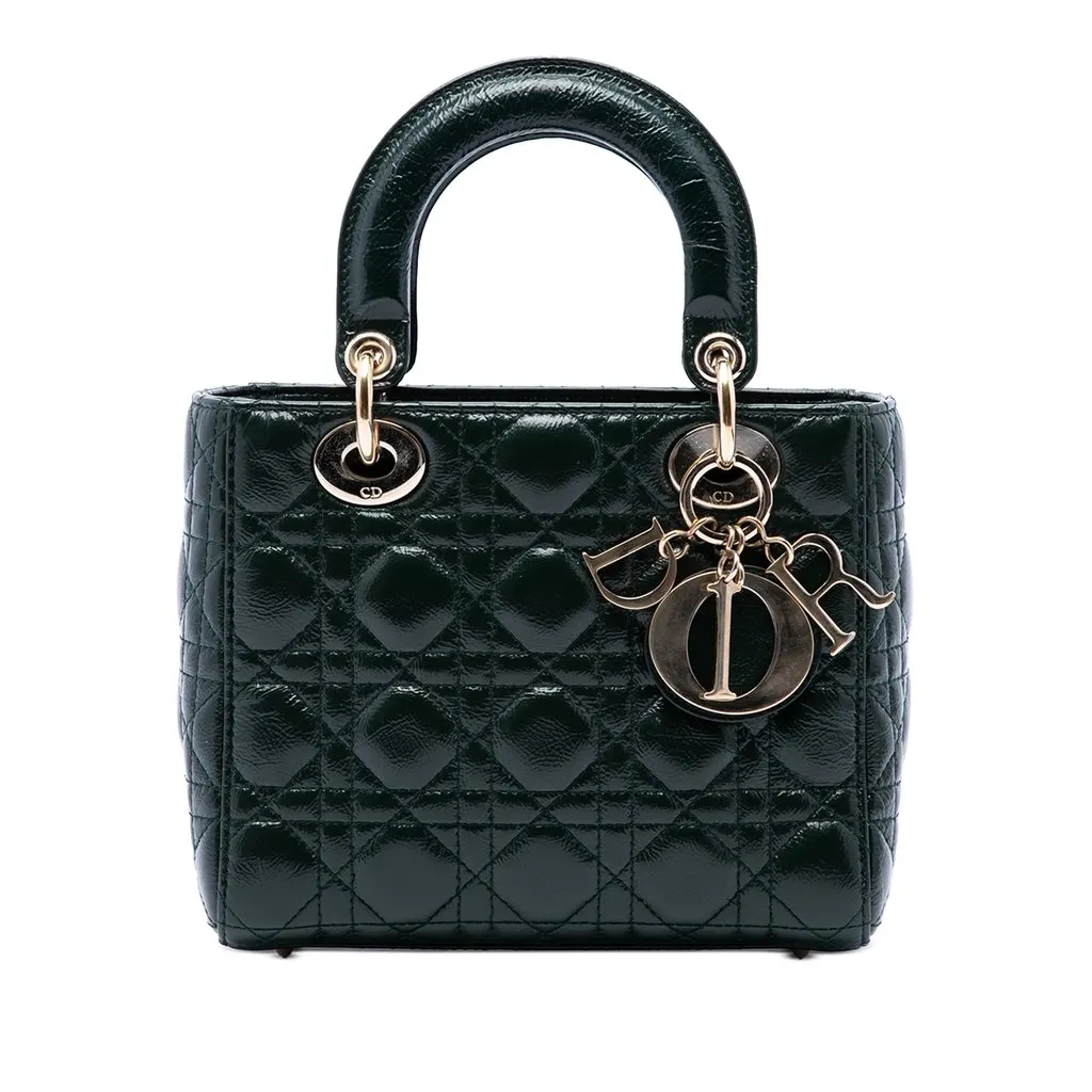 Dior Small Crinkled Patent Cannage Lady Dior Green Leather Very good - Front View
