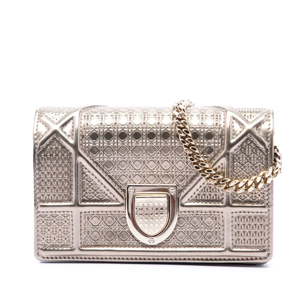 Dior Metallic Patent Microcannage Diorama Wallet on Chain Gold Leather Very good - Front View