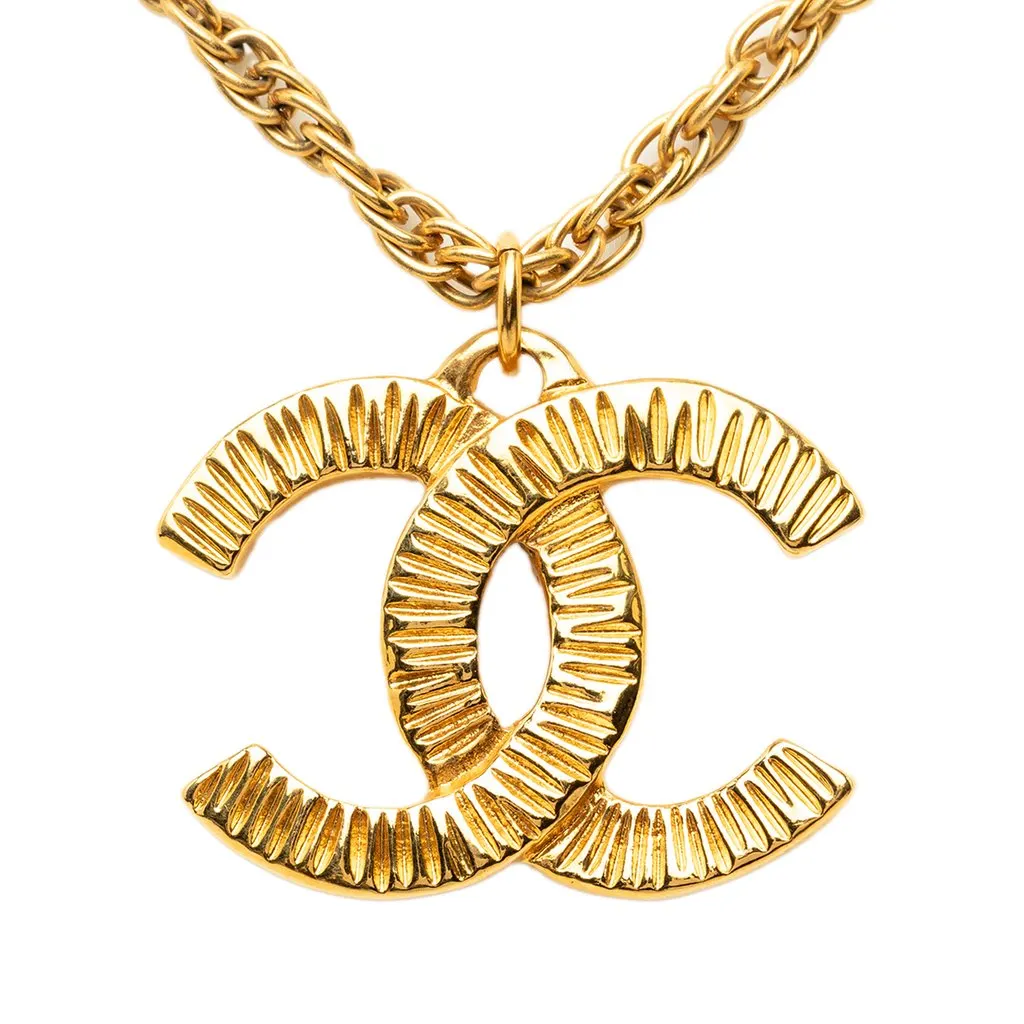 Chanel CC Gold Plated Textured Pendant Necklace Gold Metal Very good - Back View