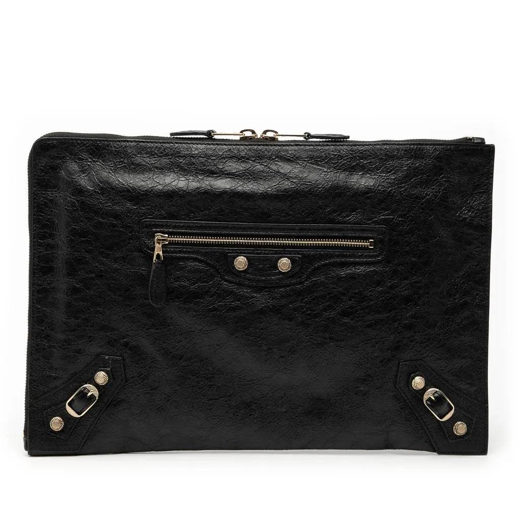 Balenciaga Lambskin Motocross Giant 12 Zip Around Flat Clutch Black Leather Very good - Front View