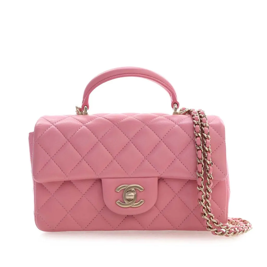 Chanel Mini Rectangular Classic Lambskin Top Handle Flap Pink Leather Very good - Front View