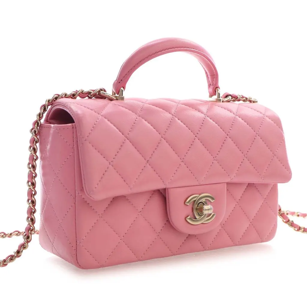 Chanel Mini Rectangular Classic Lambskin Top Handle Flap Pink Leather Very good - Back View