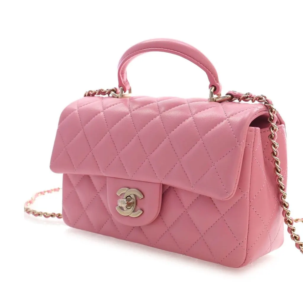 Chanel Mini Rectangular Classic Lambskin Top Handle Flap Pink Leather Very good - Inside View