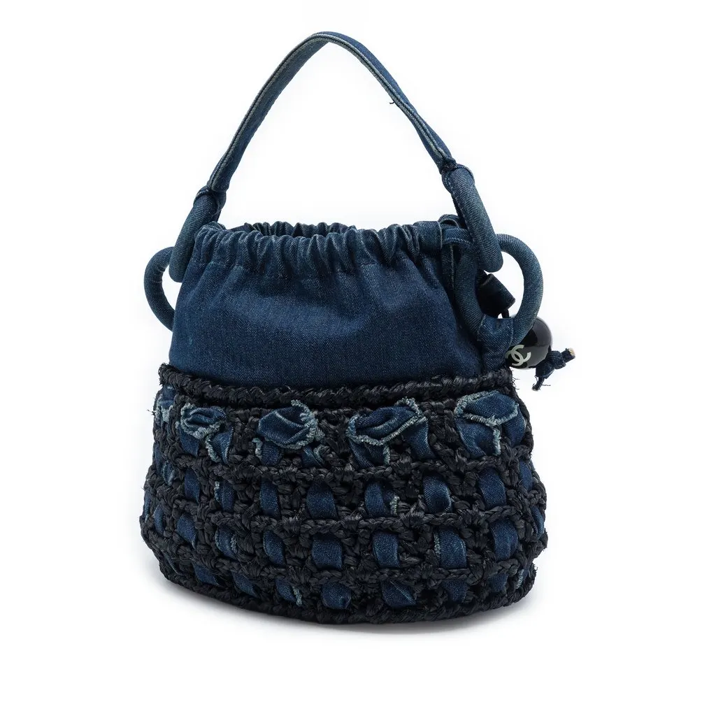Chanel CC Woven Denim and Raffia Drawstring Bucket Bag Blue Very good - Back View