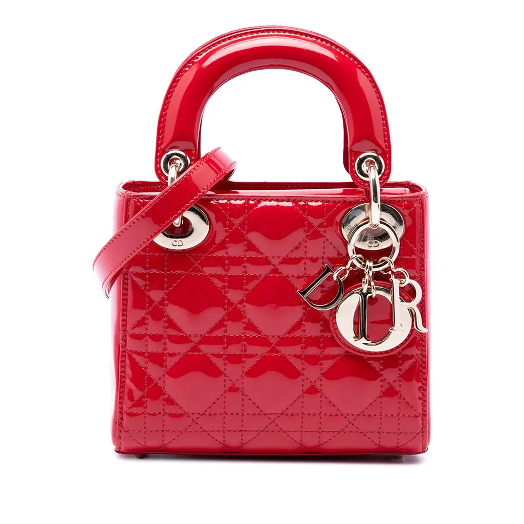 Dior Mini Patent Cannage Lady Dior Red Leather Good - Front View