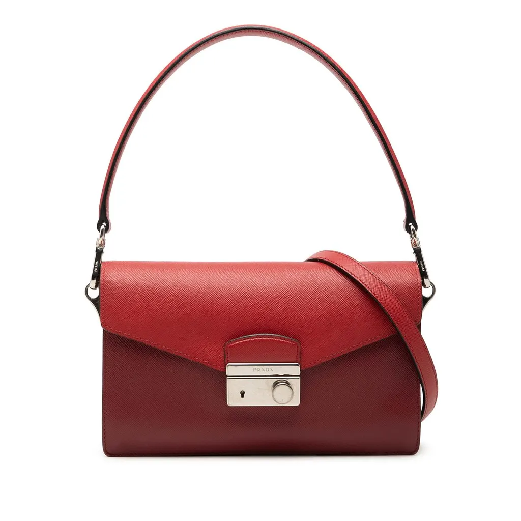 Prada Mini Saffiano Lux Sound Lock Satchel Red Leather Very good - Front View