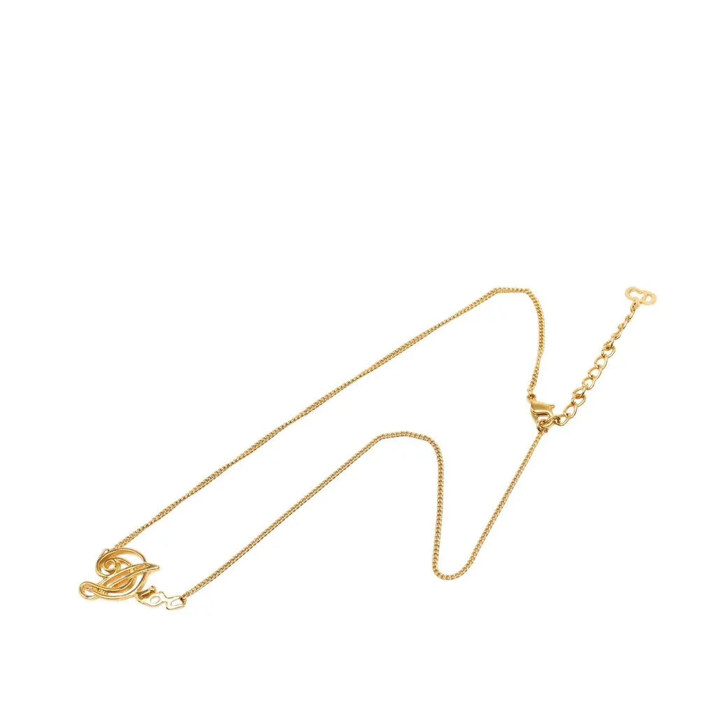 Dior Gold Plated Cursive Logo Pendant Necklace Gold Metal Very good - Front View