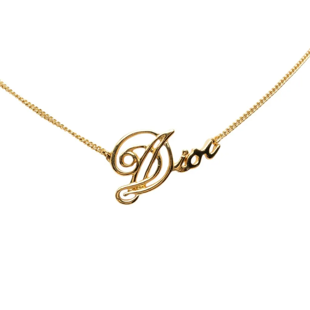 Dior Gold Plated Cursive Logo Pendant Necklace Gold Metal Very good - Back View