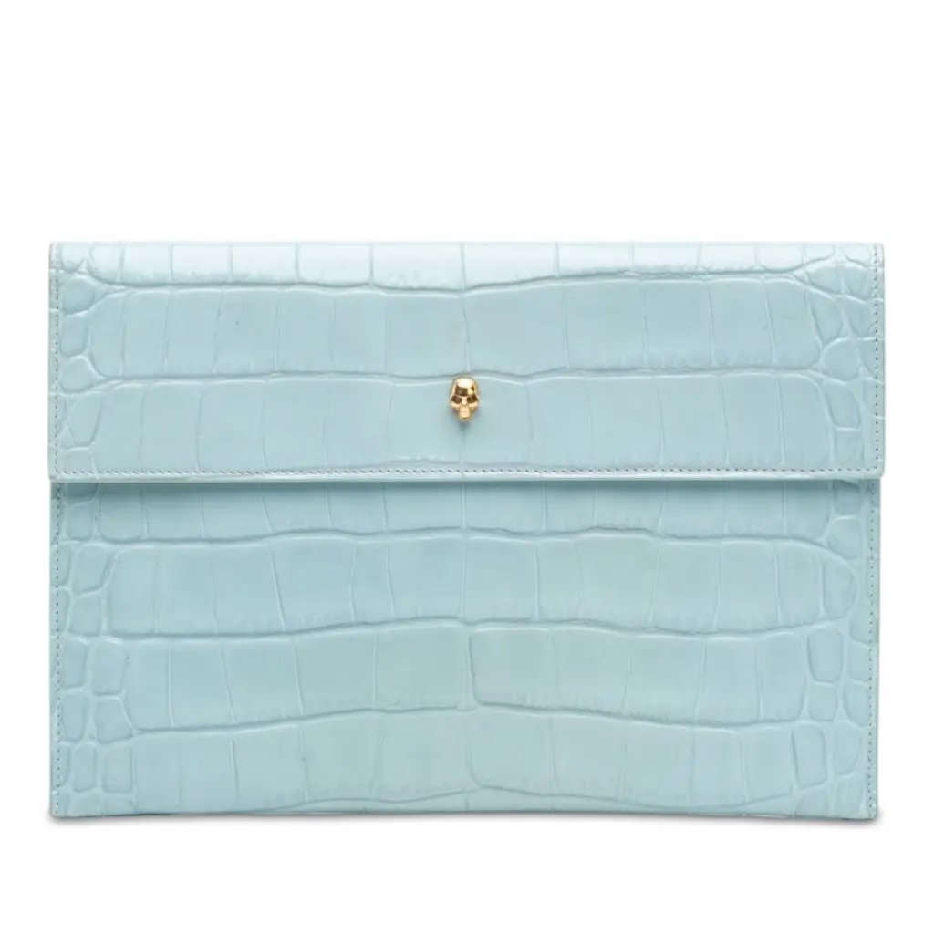 Alexander McQueen Croc Embossed Leather Skull Clutch Blue Leather Very good - Front View