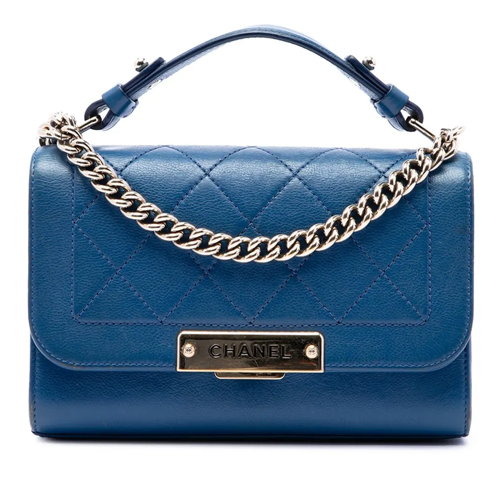 Chanel Small Quilted Grained Calfskin Label Click Flap Blue Leather Very good - Front View