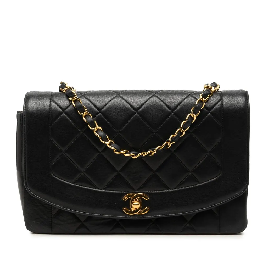 Chanel Medium Lambskin Diana Flap Black Leather Very good - Front View