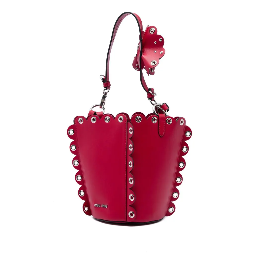 Miu Miu Calfskin Scalloped Grommet Bucket Bag Red Leather Good - Front View