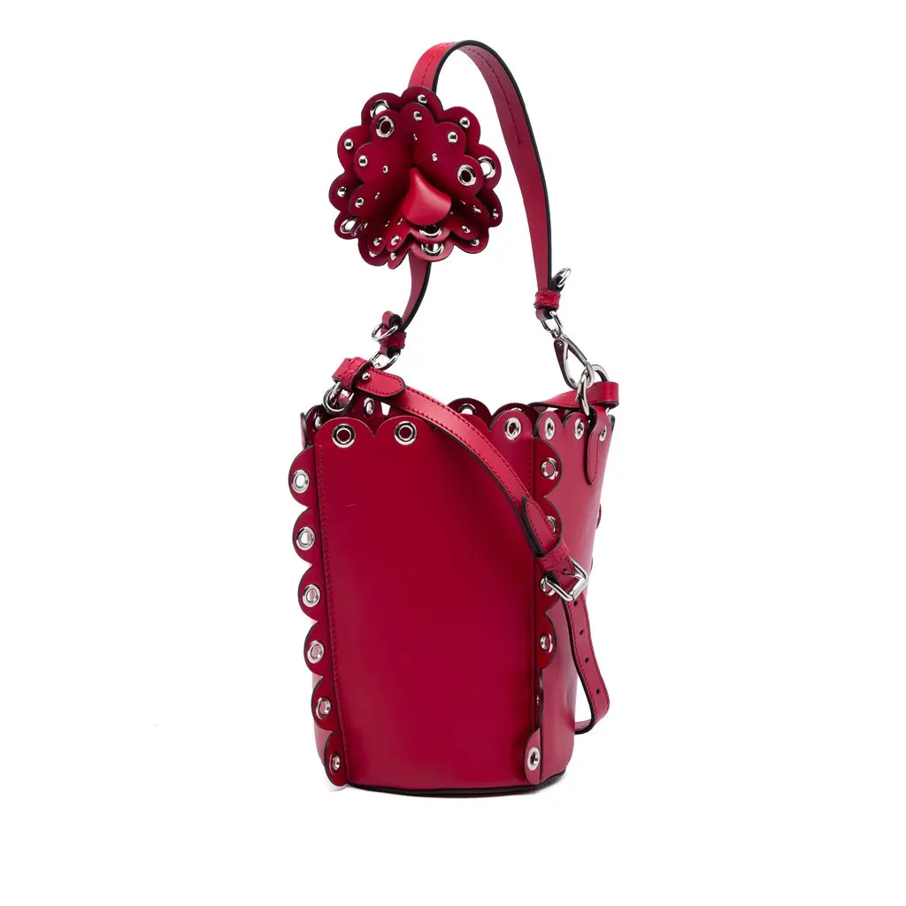 Miu Miu Calfskin Scalloped Grommet Bucket Bag Red Leather Good - Back View