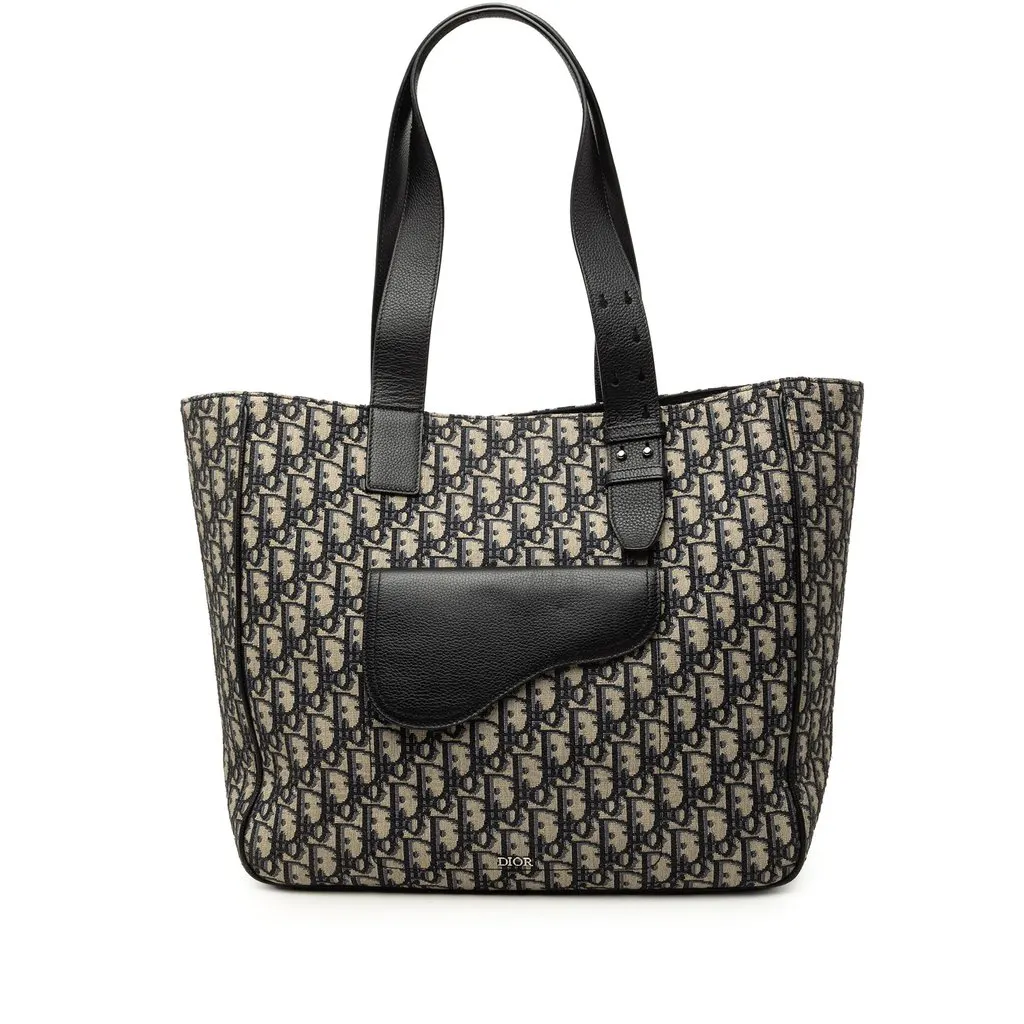 Dior Oblique Canvas Saddle Tote Blue Canvas Good - Front View