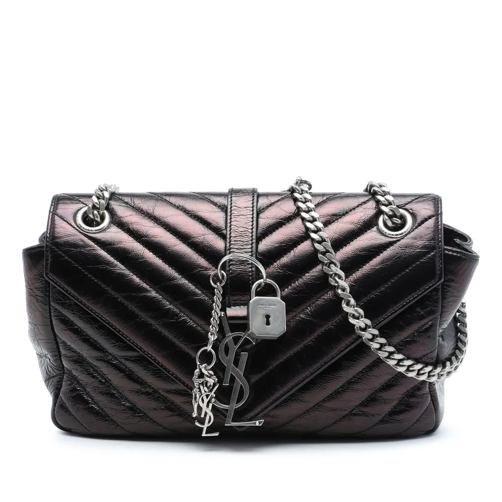 Saint Laurent Medium Chevron Metallic Crinkled Calfskin Punk Chain Bag Black Leather Very good - Front View