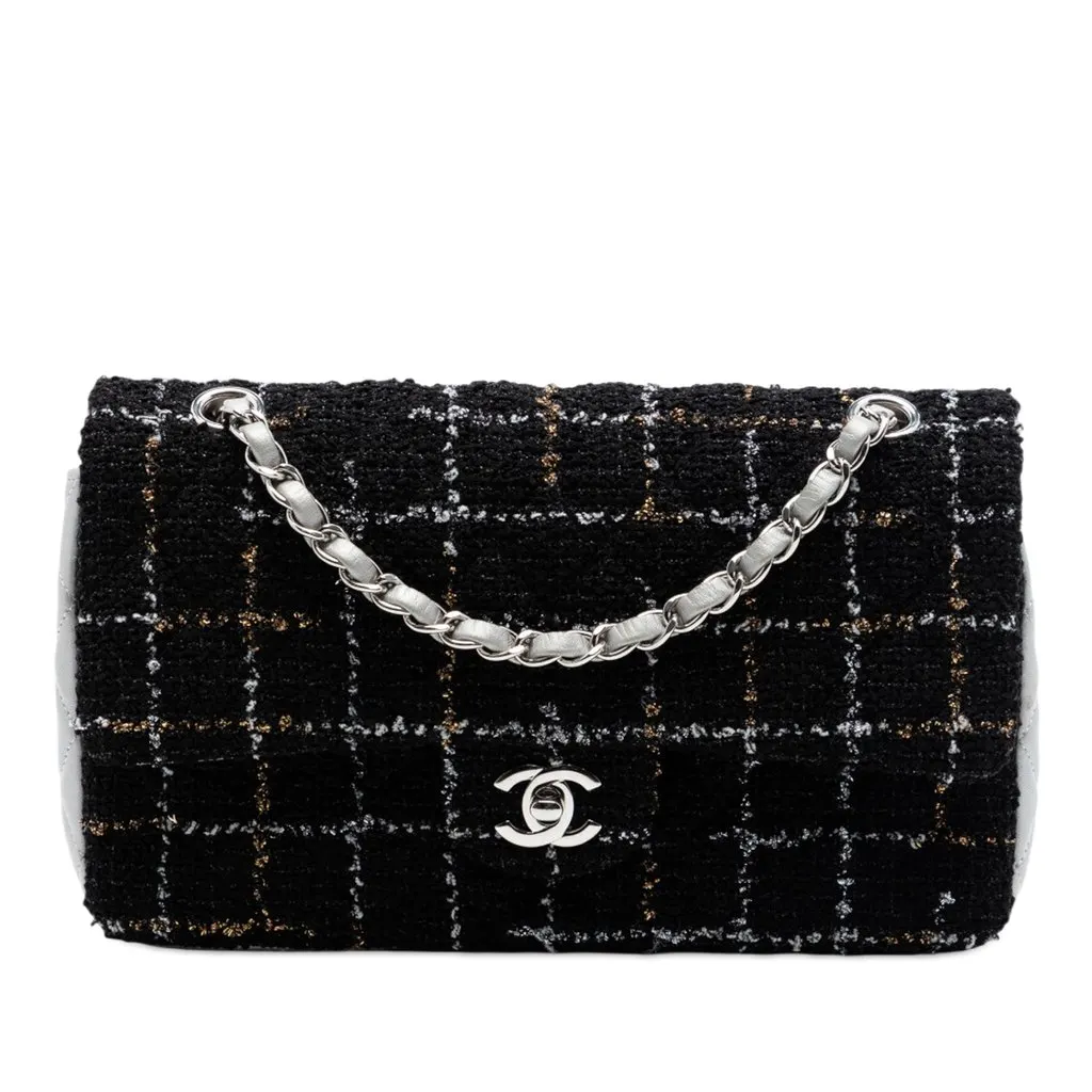 Chanel Medium Classic Quilted Tweed and Metallic Lambskin Double Flap Black Good - Front View